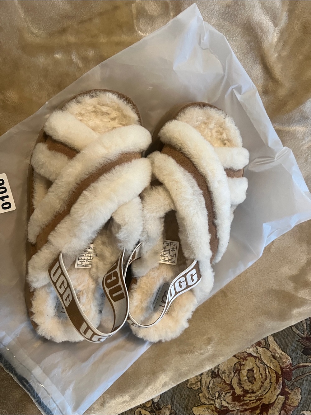 UGG Cream and Chestnut Plush Platform Slides - Picture 2 of 3
